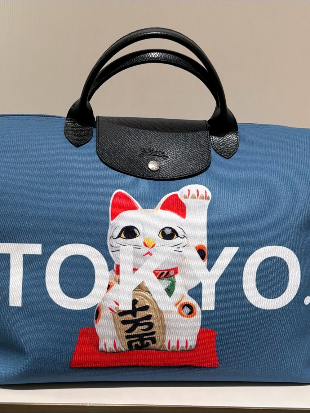 LongChamp Blue Tokyo limited edition Maneki-Neko Print Tote Bag